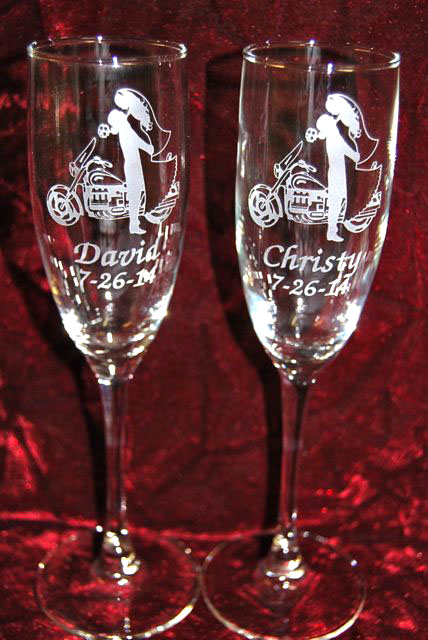 Clicking on this Photo will take you to the Engraved Motorcycle wedding glasses web page