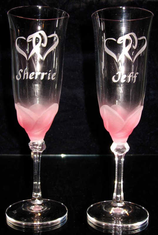 Pink Florence Crystal Engraved Wedding Flutes