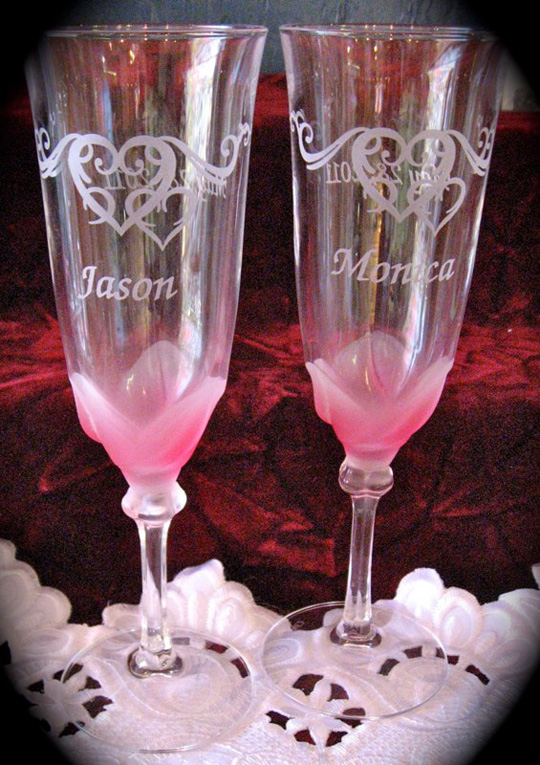 Pink Florence Crystal Engraved Wedding Flutes