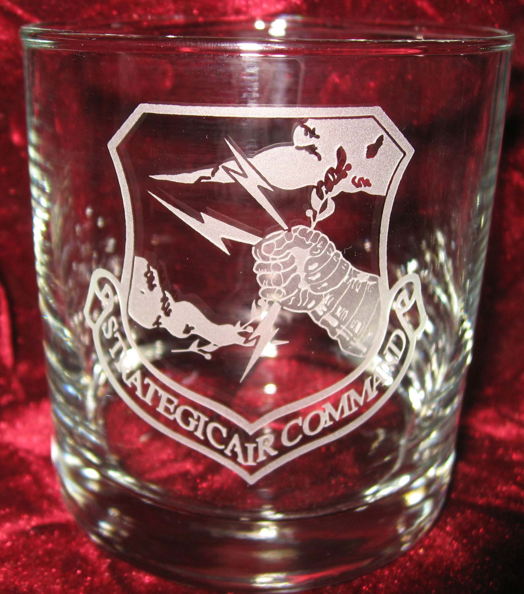 Personalized Engraved Stragic Air Command logo whiskey glasses, Air Force Reserve Command logo military retirement gift