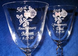 Personalized Engraved 50th anniversary wine glasses close up